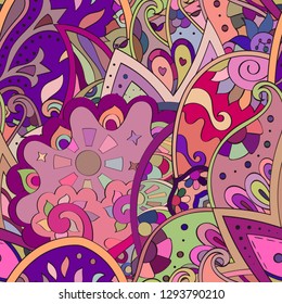 Tracery seamless pattern. Mehndi design. Ethnic colorful doodle texture. Curved doodling background. Vector