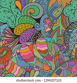 Tracery seamless pattern. Mehndi design. Ethnic colorful doodle texture. Curved doodling background. Vector