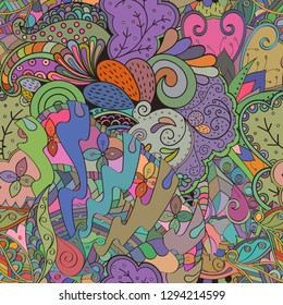 Tracery seamless pattern. Mehndi design. Ethnic colorful doodle texture. Curved doodling background. Vector