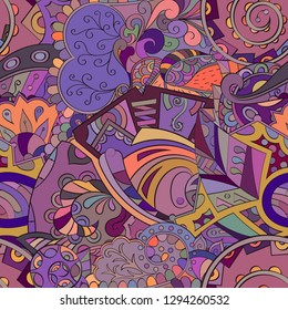 Tracery seamless pattern. Mehndi design. Ethnic colorful doodle texture. Curved doodling background. Vector