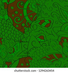 Tracery seamless pattern. Mehndi design. Ethnic colorful doodle texture. Curved doodling background. Vector