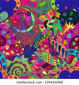Tracery seamless pattern. Mehndi design. Ethnic colorful doodle texture. Curved doodling background. Vector