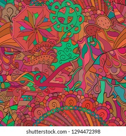 Tracery seamless pattern. Mehndi design. Ethnic colorful doodle texture. Curved doodling background. Vector