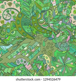 Tracery seamless pattern. Mehndi design. Ethnic colorful doodle texture. Curved doodling background. Vector