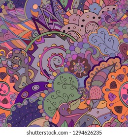 Tracery seamless pattern. Mehndi design. Ethnic colorful doodle texture. Curved doodling background. Vector
