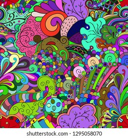 Tracery seamless pattern. Mehndi design. Ethnic colorful doodle texture. Curved doodling background. Vector