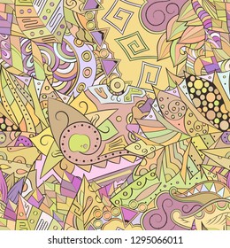 Tracery seamless pattern. Mehndi design. Ethnic colorful doodle texture. Curved doodling background. Vector