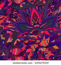 Tracery seamless pattern. Mehndi design. Ethnic colorful doodle texture. Curved doodling background. Vector