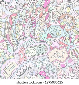 Tracery seamless pattern. Mehndi design. Ethnic colorful doodle texture. Curved doodling background. Vector