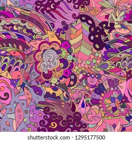 Tracery seamless pattern. Mehndi design. Ethnic colorful doodle texture. Curved doodling background. Vector