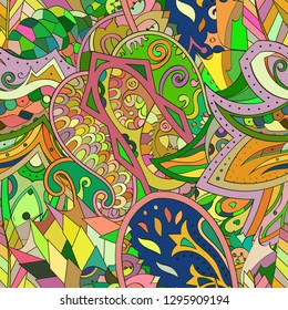 Tracery seamless pattern. Mehndi design. Ethnic colorful doodle texture. Curved doodling background. Vector