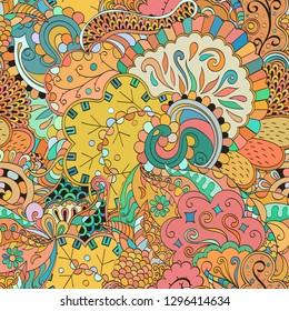 Tracery seamless pattern. Mehndi design. Ethnic colorful doodle texture. Curved doodling background. Vector
