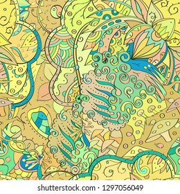 Tracery seamless pattern. Mehndi design. Ethnic colorful doodle texture. Curved doodling background. Vector