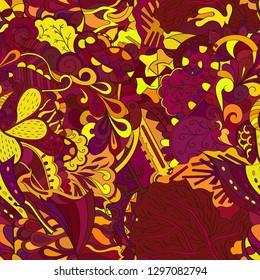 Tracery seamless pattern. Mehndi design. Ethnic colorful doodle texture. Curved doodling background. Vector