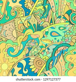 Tracery seamless pattern. Mehndi design. Ethnic colorful doodle texture. Curved doodling background. Vector