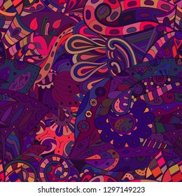 Tracery seamless pattern. Mehndi design. Ethnic colorful doodle texture. Curved doodling background. Vector