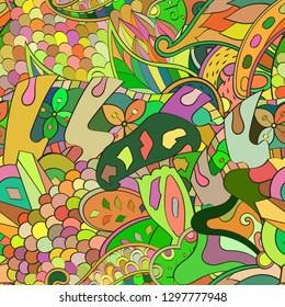 Tracery seamless pattern. Mehndi design. Ethnic colorful doodle texture. Curved doodling background. Vector