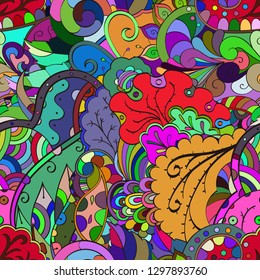 Tracery seamless pattern. Mehndi design. Ethnic colorful doodle texture. Curved doodling background. Vector