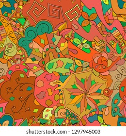 Tracery seamless pattern. Mehndi design. Ethnic colorful doodle texture. Curved doodling background. Vector