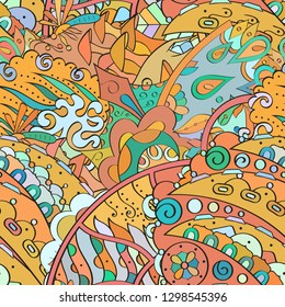 Tracery seamless pattern. Mehndi design. Ethnic colorful doodle texture. Curved doodling background. Vector