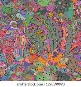 Tracery seamless pattern. Mehndi design. Ethnic colorful doodle texture. Curved doodling background. Vector
