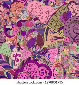 Tracery seamless pattern. Mehndi design. Ethnic colorful doodle texture. Curved doodling background. Vector
