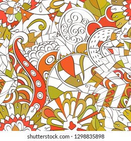 Tracery seamless pattern. Mehndi design. Ethnic colorful doodle texture. Curved doodling background. Vector