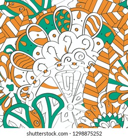 Tracery seamless pattern. Mehndi design. Ethnic colorful doodle texture. Curved doodling background. Vector