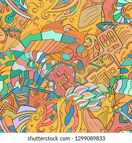 Tracery seamless pattern. Mehndi design. Ethnic colorful doodle texture. Curved doodling background. Vector