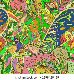 Tracery seamless pattern. Mehndi design. Ethnic colorful doodle texture. Curved doodling background. Vector