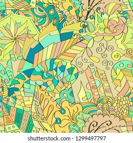 Tracery seamless pattern. Mehndi design. Ethnic colorful doodle texture. Curved doodling background. Vector