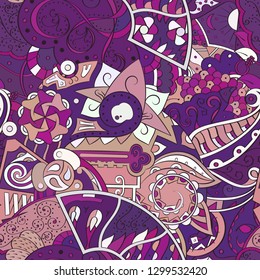 Tracery seamless pattern. Mehndi design. Ethnic colorful doodle texture. Curved doodling background. Vector