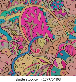 Tracery seamless pattern. Mehndi design. Ethnic colorful doodle texture. Curved doodling background. Vector