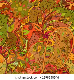 Tracery seamless pattern. Mehndi design. Ethnic colorful doodle texture. Curved doodling background. Vector