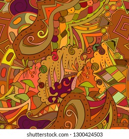 Tracery seamless pattern. Mehndi design. Ethnic colorful doodle texture. Curved doodling background. Vector