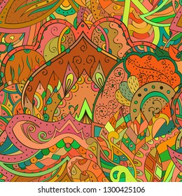 Tracery seamless pattern. Mehndi design. Ethnic colorful doodle texture. Curved doodling background. Vector