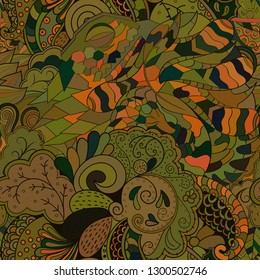 Tracery seamless pattern. Mehndi design. Ethnic colorful doodle texture. Curved doodling background. Vector