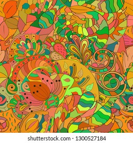 Tracery seamless pattern. Mehndi design. Ethnic colorful doodle texture. Curved doodling background. Vector