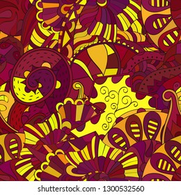 Tracery seamless pattern. Mehndi design. Ethnic colorful doodle texture. Curved doodling background. Vector