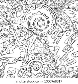 Tracery seamless pattern. Mehndi design. Ethnic monochrome binary doodle texture. Curved doodling black and white background. Vector