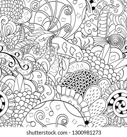 Tracery seamless pattern. Mehndi design. Ethnic monochrome binary doodle texture. Curved doodling black and white background. Vector