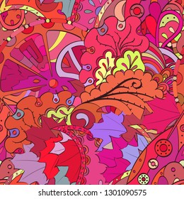Tracery seamless pattern. Mehndi design. Ethnic colorful doodle texture. Curved doodling background. Vector