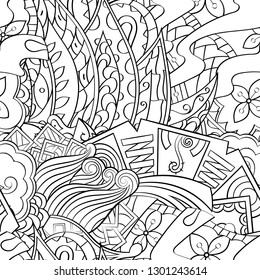 Tracery seamless pattern. Mehndi design. Ethnic monochrome binary doodle texture. Curved doodling black and white background. Vector