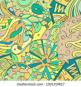 Tracery seamless pattern. Mehndi design. Ethnic colorful doodle texture. Curved doodling background. Vector