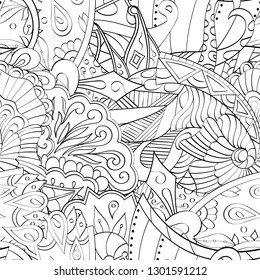 Tracery seamless pattern. Mehndi design. Ethnic monochrome binary doodle texture. Curved doodling black and white background. Vector