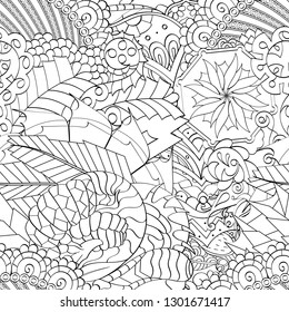 Tracery seamless pattern. Mehndi design. Ethnic monochrome binary doodle texture. Curved doodling black and white background. Vector