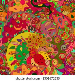 Tracery seamless pattern. Mehndi design. Ethnic colorful doodle texture. Curved doodling background. Vector