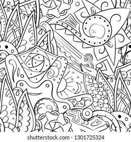 Tracery seamless pattern. Mehndi design. Ethnic monochrome binary doodle texture. Curved doodling black and white background. Vector