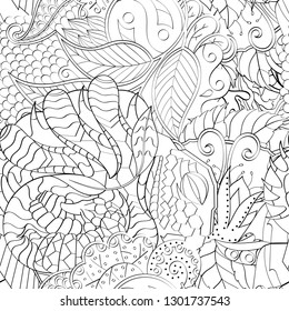 Tracery seamless pattern. Mehndi design. Ethnic monochrome binary doodle texture. Curved doodling black and white background. Vector