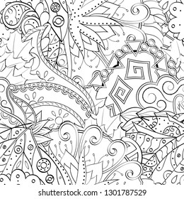 Tracery seamless pattern. Mehndi design. Ethnic monochrome binary doodle texture. Curved doodling black and white background. Vector